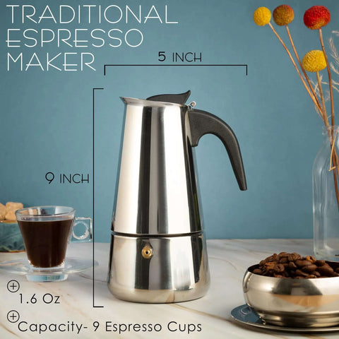 Stovetop Espresso Maker 9 Cup Moka Pot in Stainless Steel 450ml on kitchen countertop with coffee beans and cup.