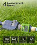Water Flow Meter With Brass Body For Outdoor Garden Hose And Lawn Sprinkler, RV Tank Fill, showing 4 measurement modes on grass