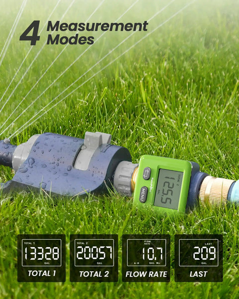Water Flow Meter With Brass Body For Outdoor Garden Hose And Lawn Sprinkler, RV Tank Fill, showing 4 measurement modes on grass