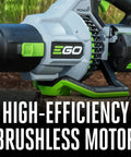 Close-up of a cordless leaf blower with turbo mode featuring high-efficiency brushless motor