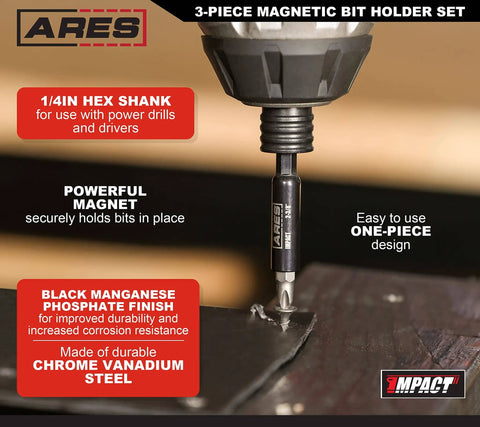 Three Piece Magnetic Bit Holder Set With Quarter Inch Hex Shank For Power Drills And Drivers Includes Two And A Half Inch Four Inch And Six Inch Extensions For Secure Bit Retention And Workhorse Reliability in use with power drill.