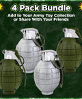 4 Pack Toy Grenades Set For Kids with Realistic Boom Sound Effects, green and silver plastic military pretend play gear