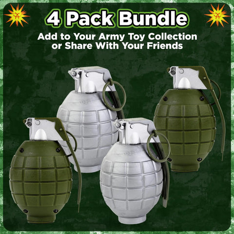 4 Pack Toy Grenades Set For Kids with Realistic Boom Sound Effects, green and silver plastic military pretend play gear