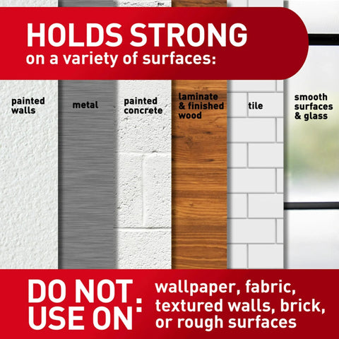 Surface compatibility guide for Large Picture Hanging Strips Set for Frames Up To 24 x 36 Inches, showing suitable and unsuitable surfaces.
