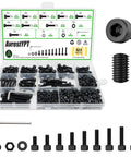 523 Pcs M4 Socket Head Cap Screws Kit With 8 10 12 14 16 18 20 30 40mm Lengths Plus Nuts Washers And Fully Threaded 12.9 Grade Alloy Steel Heavy Duty Furniture Hardware For DIY Projects, black screw kit in organizer box