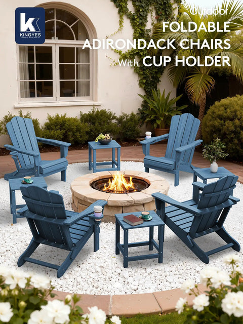 Folding Adirondack Chair With Hidden Cup Holder, All Weather HDPE Patio Seating, navy chairs arranged around fire pit