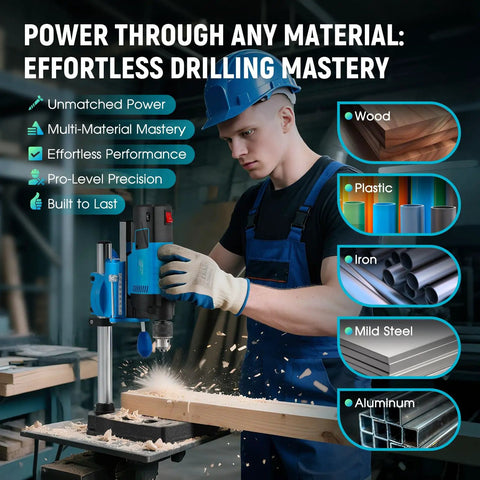 Operator using Mini Benchtop Drill Press With 6 Speeds And 2800 RPM For Metal Wood And DIY Projects for precise drilling.