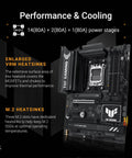 TUF Gaming B850-Plus WiFi AM5 ATX Motherboard with DDR5 PCIe 5.0 three M.2 slots showing VRM and M.2 heatsinks
