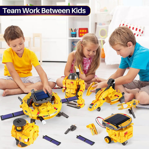 Children playing with Hands On STEM Building Robots Kit For Kids Ages 8 To 12 With Solar Powered Space Robot Toys 120 Pieces