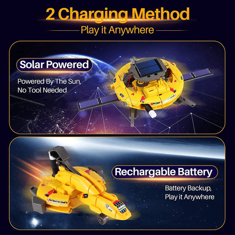 Hands On STEM Building Robots Kit For Kids Ages 8 To 12 With Solar Powered Space Robot Toys showing solar and battery features.