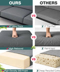 Comparison of 4-inch cushions on our Three To Four Seat Porch Swing With Stand and 2-inch pads on others, showcasing material differences.