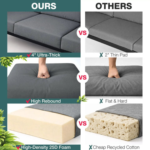 Comparison of 4-inch cushions on our Three To Four Seat Porch Swing With Stand and 2-inch pads on others, showcasing material differences.
