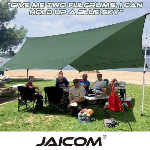 Group enjoying shade under tarp held by adjustable tarp poles for camping set of 2 telescoping tent poles extend from 3 ft 1 in to 7 ft 6 in.