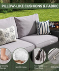 Outdoor Patio Furniture Set With 44 Inch Fire Pit Table 7 Piece Sectional couch detail showing 4 Inch Thick Cushions and sliding zipper.