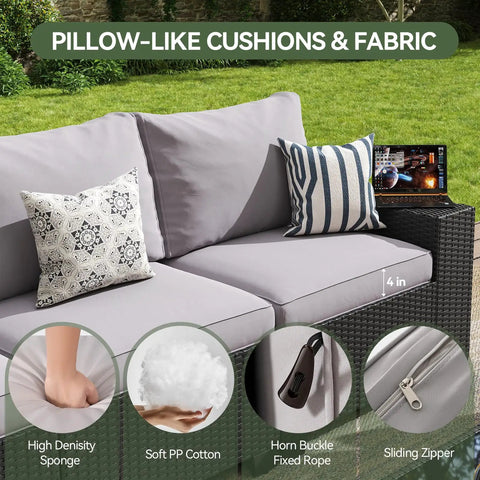 Outdoor Patio Furniture Set With 44 Inch Fire Pit Table 7 Piece Sectional couch detail showing 4 Inch Thick Cushions and sliding zipper.
