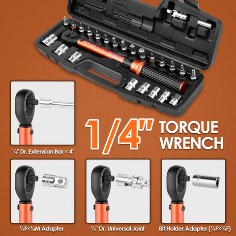 Quarter Inch Drive Torque Wrench Kit With 27 Piece Bike Tool Set Pro Grade Build High Precision shown with open case