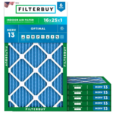 Front view of 16x25x1 Air Filter MERV 13 for Smoke and Allergen Defense, Electrostatic Pleated HVAC Replacement, six-pack