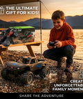 Boy playing with Amphibious 4WD RC Monster Truck With Waterproof Design, 1:16 Scale, by a lake, showcasing off-road capability.