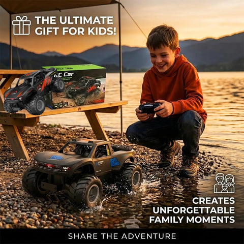Boy playing with Amphibious 4WD RC Monster Truck With Waterproof Design, 1:16 Scale, by a lake, showcasing off-road capability.