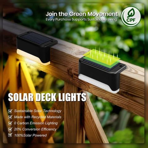 Real Deal Solar Deck Lights For Outdoor Yard And Fence Featuring Waterproof 16 Pack Warm White 4 Led Bulbs Per Unit With Wide Coverage And No Sweat Setup For Total Backyard Chill Atmosphere on wooden railing.