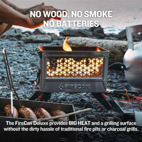 Deluxe Portable Propane Fire Pit With Removable Grill Insert for safe cooking at campsites, showcasing sausages grilling.