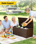 Two Pack Deck Box Hinges Replacement For Outdoor Storage Boxes With Gas Strut Hydraulic Soft Close shown with family picnic scene