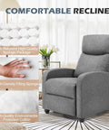 Ultra Comfy Massage Recliner Chair For Adults With Adjustable 90 to 160 Degree Recline in modern grey fabric next to comfort features diagram.