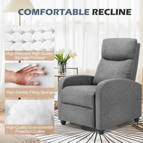 Ultra Comfy Massage Recliner Chair For Adults With Adjustable 90 to 160 Degree Recline in modern grey fabric next to comfort features diagram.