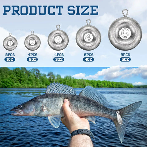 24 Piece Disc Sinker Set For Saltwater Fishing Catfishing Trolling And Surf Tackle Includes 1 2 3 4 6 Oz Weights