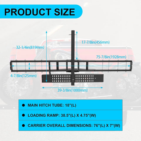 Dimensions of Beefy 600 Lbs Steel Motorcycle Carrier Hauler With Anti Tilt Lock Hitch Mount Rack And Ramp For Dirt Bikes