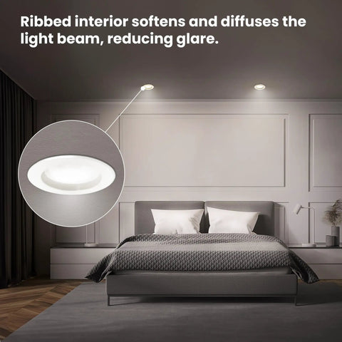5/6 In Led Recessed Downlight Retrofit Kit Adjustable Color Temp From 2700K To 5000K Five Switch Settings 75W Equivalent ribbed interior reduces glare.