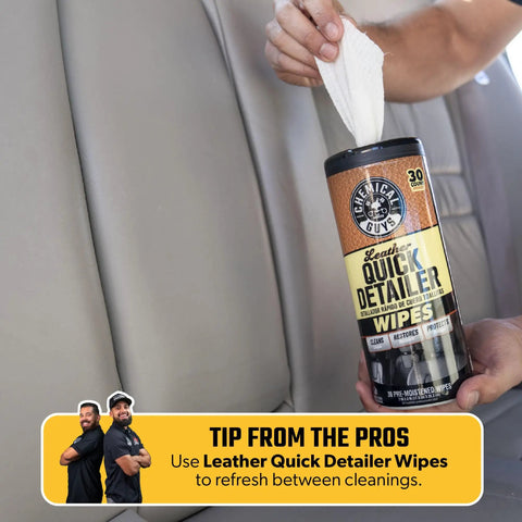 Dime Quality Nine Piece Leather Cleaner And Conditioner Kit For Car Interiors With Soft Microfiber Towel showing leather wipes for detailing seats.