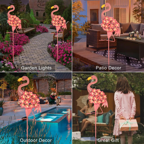 Flamingo Solar Garden Lights 27 LED Warm White Outdoor Stake Light Waterproof for lawn, patio, courtyard, gift for mom, grandma.