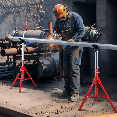 VEVOR V-Head Pipe Stand, pair of red folding pipe stands with adjustable height, carbon steel frame.