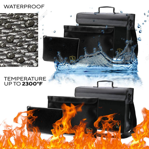 Fireproof Document And Money Bag Set, 3 Piece Padded Pouches With Wrap Around Zipper shown with water and fire protection.