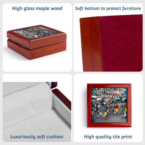 Premium Maple Wood Jewelry Box Featuring A Straight Up Killer Dhaka Rickshaw Street Scene On A Shiny Ceramic Tile Plus Extra Soft Velvet Lining For Your Big Time Treasures, showcasing soft velvet cushion and glossy finish.