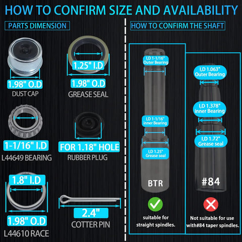 Front-view infographic: iBroPrat boat trailer kit with dust cap, grease seal, L44649 bearing, L44610 race, cotter pin.