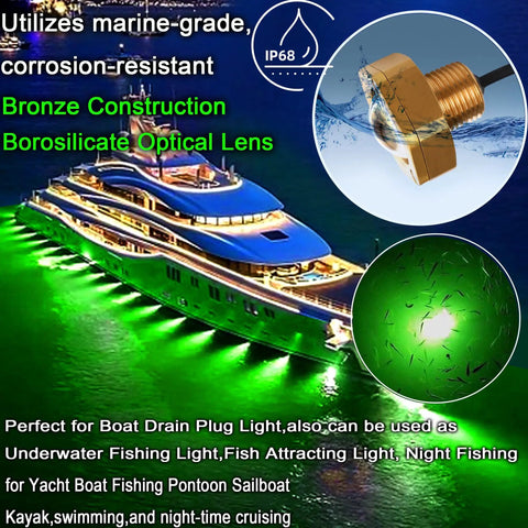 Illuminated yacht with Underwater Boat Drain Plug Light With App Control, RGBW 4 In 1 LED, IP68 Waterproof Bronze Marine Housing, 40W 4100LM