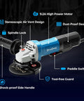 DongCheng 9.2A power angle grinder, 4-1/2 in, blue/black corded tool with tool-free guard and paddle switch side view