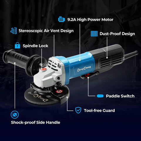 DongCheng 9.2A power angle grinder, 4-1/2 in, blue/black corded tool with tool-free guard and paddle switch side view