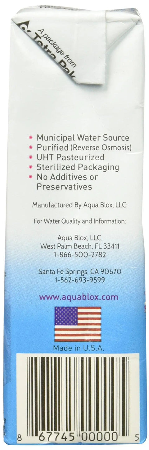 Side view of Emergency Drinking Water 200ml Cartons, 32 Pack, details of purification and packaging, for disaster prep kits.
