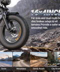 Beast Of A Fat Tire Electric Dirt Bike For Adults With 16 Inch Wheels 500W Brushless Motor 20 MPH Top Speed 70 Mile Range Removable 48V 13 5Ah Battery Full Suspension 7 Speed Gears Off Road Ebike For Trails And Commutes front fat tire wheel on rocky mountain terrain