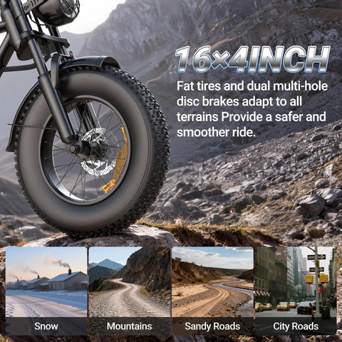 Beast Of A Fat Tire Electric Dirt Bike For Adults With 16 Inch Wheels 500W Brushless Motor 20 MPH Top Speed 70 Mile Range Removable 48V 13 5Ah Battery Full Suspension 7 Speed Gears Off Road Ebike For Trails And Commutes front fat tire wheel on rocky mountain terrain