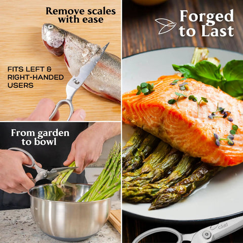 All Stainless Steel Kitchen Scissors Heavy Duty Shears For Food Prep Cut Chicken Seafood Veggies Fruit And Tough Meat With Ergonomic Grip Handles And Lifetime Replacement Warranty, fish scaling and vegetable cutting