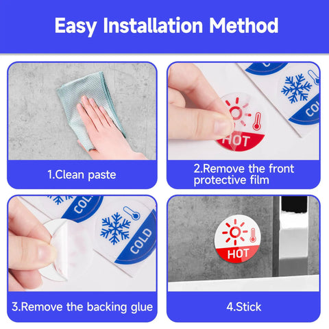 Step-by-step installation guide for 6 Pack Hella Durable Hot And Cold Water Faucet Labels Self Adhesive Waterproof Sink Temperature Stickers.