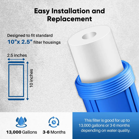 Five Micron 10x2.5 Inch Whole House Sediment Filter Cartridge Replacement For Any Standard 10x2.5 RO System, blue housing