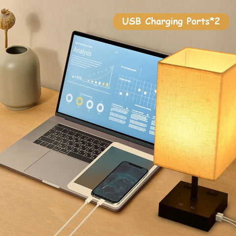 Three Color Touch Table Lamp With Dimmable Brightness And 2700K 4000K 5000K Color Temperature USB Ports And AC Outlets Black Base