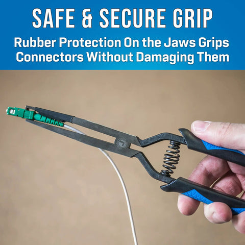 Fiber Optic Inserting And Extracting Tool with bent nose jaw for SC Simplex, SC Duplex, and LC Duplex connectors in use
