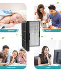 Smokestop Filter For Blueair Pro M L XL Air Purifiers With True HEPA And Carbon Folding Filter shown in rooms; products in center.