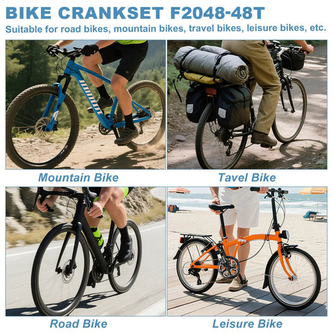 Cyclists demonstrating various bikes; mountain, travel, road, and leisure bike fitted with 48T Mountain Bike Crankset With 170mm Arm 130BCD